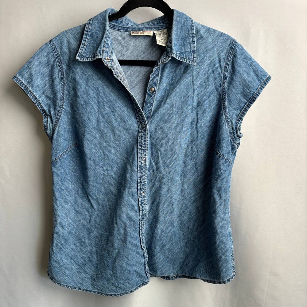 VTG 90s Y2K Faded Glory Western Denim Snap Button Up Top Womens XL Cap Sleeve